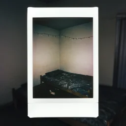 a polaroid photo a of an abandoned and rather lonely college student's bedroom, completely empty, desolate and devoid atmosphere, faint string lights hung on the wall can be seen, shot with portra 400