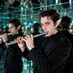 infinite mirror effect in a album cover of a 3 / 4 view of a nosferatu playing the flute, elf ears, looking at the camera, galactic disco funk, vintage, grainy