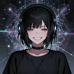anime girl wearing headphones, 笑 顔, 狂 気, hardcore techno, electronic music, crossbreed, esoteric fractal glitchy background, dark and gothic, brutal, somber, stylized, in the style of manga, japanese, artstation, highly detailed, noisy, vhs glitch, expired film, amazing composition, monochrome, black and white, posterized, 4 k