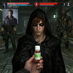 Larry David wearing a shady cloak selling you body modification drugs in a video game, screenshot, first-person, System Shock 2, Deus Ex, Perfect Dark, Half Life, Source Engine, Quake, Unreal Tournament
