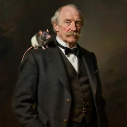 older fantasy butler that looks similar to michael kane and patrick stewart, full body portrait, handsome, well groomed mustache, detailed, magic the gathering art style, balding, well dressed, pet rat on shoulder