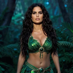 portrait of salma hayek as jungle queen, green and blue hour, forest, by ismail inceoglu