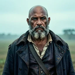 an award winning outdoors portrait photo of a bald, dirty, old, head shaven french strong and chubby eitghteen century dirty caribbean olive tanned pirate with shaved head and curly grey dirty beard, crooked big stern face, blue eyes, wearing a big coat, daybreak, teal movie color graded