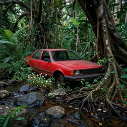 red abandoned car overgrown, thick jungle, trees big roots, waterlogged ground flowers, stream sharp rocks