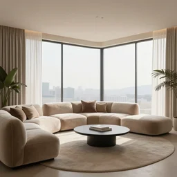 interior living room made of plush furnishings, ceiling to floor windows, soft color, plush furnishings, modern, minimalism, morning light, dramatic, unreal render, award winning photograph