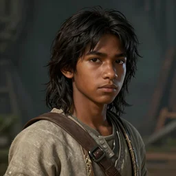 An epic fantasy comic book style portrait painting of a young dark skinned long haired boy peasant in plain clothes with intelligent eyes in the style of the wheel of time, unreal 5, DAZ, hyperrealistic, octane render, cosplay, RPG portrait, dynamic lighting