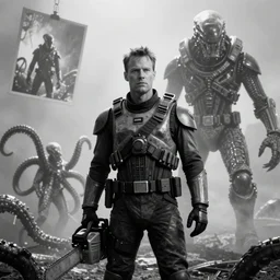 black and white, haze, michael biehn as hicks from aliens, colonial marine, prometheus monster, chainsaw, tentacles, photograph, highly detailed background