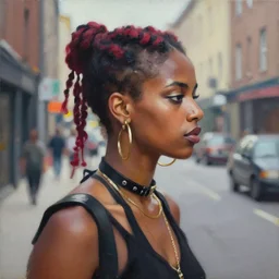 Portrait design of afropunk urban character in a street, medium shot, asymmetrical, profile picture, painting by Lois van Baarle, trending on artstation,
