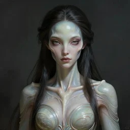 beautiful young female alien, clothed in ethereal armor, olive skin, long dark hair, beautiful bone structure, symmetrical facial features, intricate, elegant, digital painting, concept art, smooth, sharp focus, illustration, by ruan jia and mandy jurgens and artgerm and william - adolphe bouguerea