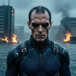 cinestill 5 0 d candid photographic portrait by vito acconci of a evil looking cyborg wearing rugged dark blue mesh techwear in treacherous waters, extreme closeup, modern cyberpunk moody depressing cinematic, pouring rain, the buildings are on fire, 8 k, hd, high resolution, 3 5 mm, f / 3 2, ultra realistic faces, ex machina