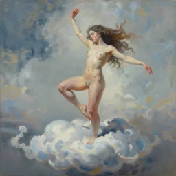 painting of a beautiful surreal goddess, dancing on a cloud, by Jeremy Mann and Jason Jenicke, detailed, stylized, loose brush strokes, intricate, realistic, exaggerated lighting, sense of scale, sensual