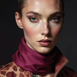 detailed portrait in femininity, hyperrealistic face sculpted features, ethnic, exotic, deep clear eyes, statuesque, gazelle - like, flight suit and scarf, dreamy, cinematic lighting, chiaroscuro, radiant, smooth skin tones, contrasting highlights, berry color palette, angular impressionism, contemporary modern fashion, deep rich hues, dark oil