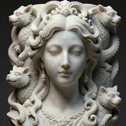 a sculpture of mythical creatures by geenss archenti flores, elegant and beautiful female face, carved in stone, intricate, elegant, highly detailed, artstation, concept art, ambient occlusion, vray render,