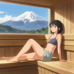 moescape anime key visual of a slice of life girl relaxing in a sauna, mount fuji in the background, pixiv