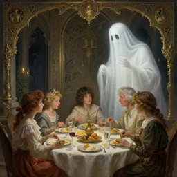 a ghost looking at a family eating dinner, deep focus, d & d, fantasy, intricate, elegant, highly detailed, digital painting, artstation, concept art, matte, sharp focus, illustration, hearthstone, art by artgerm and greg rutkowski and alphonse mucha