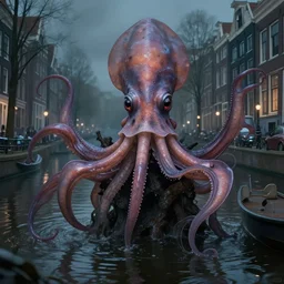 lovecraftian squid monster in amsterdam canals, fantasy, high detail, elegant, digital painting, cinematic lighting, textured skin, highly detailed, artstation, unreal engine 5, breathtaking, illustration, ilya kuvshinov, nikolay makovsky