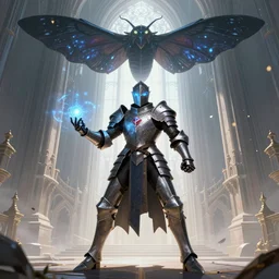 man standing in defensive pose, good anatomy, fantasy knight, magic armor, servant of dark moth, magic eyes, digital art, concept art, simulation, structure, fine, wide angle, behind is a great church of magic