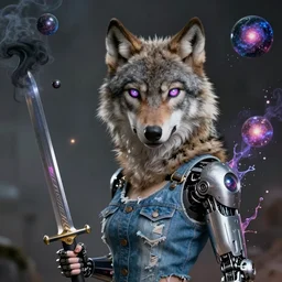 upper body portrait of female anthropomorphic wolf with galaxies in her eyes and a cyborg right arm, wearing torn denim, holding a sword thats spewing black smoke, spheres and galaxies and cosmos, realistic, trending on artstation, hard focus, depth of field, cinematic composition, physics splashes of colors, highly detailed