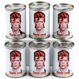 Emotional pictures of David Bowie printed on 9 soup cans in the style of Andy Warhol , 8k, photorealistic imagery, trending on artstation, artstationHQ, artstationHD
