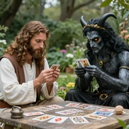 Jesus and Satan playing cards in a garden, photorealistic, award winning, 8k, trending on major art outlets,