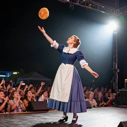 photo still of aunt jemima in period attire at vans warped tour!!!!!!!! at age 4 0 years old 4 0 years of age!!!!!!! on stage throwing pancakes to the crowd, 8 k, 8 5 mm f 1. 8, studio lighting, rim light, right side key light