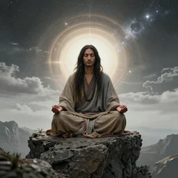 The shaman meditating on a cliff at the age of space an time freeing his mind style of LUKE BROWN anamorphic optical illusion 4k