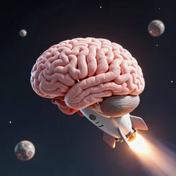 A 3D render of a brain riding on top of a rocket heading towards space, 8K