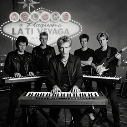 8 0's synthesizer band, anton corbijn, black white grey, posed, album cover, las vegas background, duran duran, synthesizer, guitar, atmospheric lighting. highly detailed 8 0's style photo.