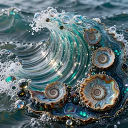 art nouveau cresting oil slick waves, druzy geode, hyperdetailed bubbles in a shiny iridescent oil slick wave, ammolite, black opals, rococo, organic rippling spirals, octane render, 8 k 3 d, spirals, glistening seafoam, abalone, ammonite, marbelized