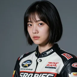 ektachrome, 3 5 mm, highly detailed : incredibly realistic, youthful asian demure, perfect features, feminine cut, beautiful three point perspective extreme closeup 3 / 4 portrait photo in chiaroscuro style frontiers in flight leather suit made of sewn together motor racing logos cosplay fashion, roger deakins
