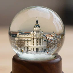 beautiful photograph madrid inside a glass snow ball. stock photo. depth of field. studio lighting. reflections. wood. cozy. madrid iconic buildings. maquette. tilt shift. in the style of chmea madoz