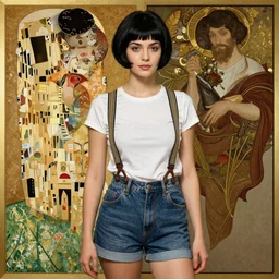 a beutiful woman with black hair pixie cut in shorts with suspenders drawn by wlop, norman rockwell, frank frazetta, peter paul rubens, alphonse mucha, gustav klimt 4k, unreal 5, DAZ, french noveau, octane render, hyperrealistic