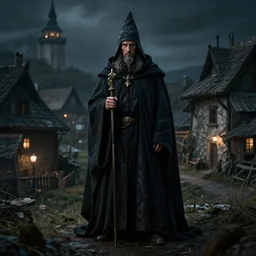 a wizard ( in dark traveling cloak ) in a hungarian village, cinematic lighting, low key contrast, detailed, hyperrealistic, character concept art by tolkien and greg rutkowski