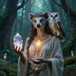 Lemurian goddess holding a crystal, dressed in a robe and glowing necklace with an owl perched on her, an enchanted forest in the background by Johnson Ting, Maxim Verehin, Peter Konig, cinematic lighting, 4k, fine details