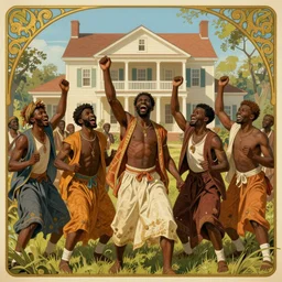 newly freed african slaves celebrating, freedom!!!, excited slaves in front of plantation home by artgerm, cushart krenz, greg rutkowski, mucha. art nouveau. gloomhaven, plantation background, vibrant colors, sharp edges. ultra clear detailed. 8 k. elegant, intricate, octane render