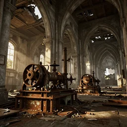 fallout 5, indoors dilapidated partially ruined church interior, rusted machinery, atmospheric lighting, painted, intricate, volumetric lighting, beautiful, daytime, sunny weather, slight overcast, golden hour, sharp focus, deep colours, ultra detailed, by leesha hannigan, ross tran, thierry doizon, kai carpenter, ignacio fernandez rios