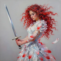 a painting of a woman who made of curly and transparent feathers cloud with red edges is holding a sword, a digital painting by charlie bowater, trending on artstation, metaphysical painting, speedpainting, made of feathers, digital painting, holographic undertones, highly saturated colors, 4 k, digital art, concept art, trending on artstation