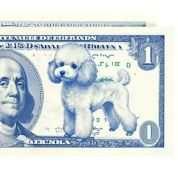 currency design like a dollar bill, blue, with the design of an apricot poodle dog with a cigar and glasses printed on currency paper, currency symbols printed, highly detailed, realistic, octane render, uplight,