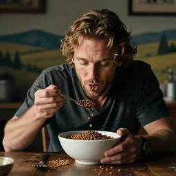 Dave Ramsey eating a bowl of lentils, 30mm,