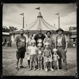 a tintype photograph. photo of a group of people in front of the circus of watches, a family of alien