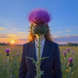 portrait, enormous thistle flower under the face, a girl in a suit in field of flowers, surreal photography, sunrise, blue sky, dramatic light, impressionist painting, digital painting, artstation, simon stalenhag