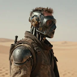 a half - masked rugged engineer man with cybernetic enhancements lost in the desert, scifi character portrait by greg rutkowski, esuthio, craig mullins, 1 / 4 headshot, cinematic lighting, dystopian scifi gear, gloomy, profile picture, mechanical, half robot, implants, steampunk