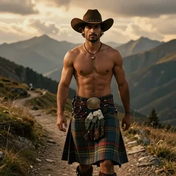 an epic dramatic ethereal portrait of a handsome shirtless desi cowboy on a mountain path. he has a muscular build and wearing a scottish plaid kilt and cowboy hat | background is mountains and clouds | homoerotic, golden hour, dramatic lighting | by tom of finland, by clyde aspevig, by albert bierstadt | trending on artstation