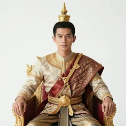 a photo of thai smart and handsome warlord who sits on the throne. he looks forward and think of writing something on his tablet in his hand. he is smiling with his ideas and look to the camera that is right in front of him