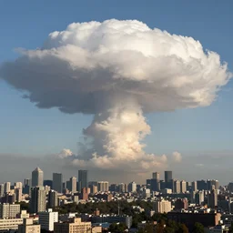 a mushroom cloud hovering over a city far away view colored photo
