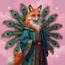 photorealistic painting of a skeletal fox character, long fluffy fur, mage clothes inspired by a peacock, 9 brilliant peacock tails, painted by a master artist, sparkles, pink cloud background, vhs effect, dnd beyond, fae, neon, photo realistic, renaissance, trending on art station