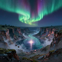jama jurabaev's concept art, the night of the aurora, the mysterious atlantis valley basin appears space distortion, gravel floating, complex scenes, starlight rippling, fog, dreamlike, grand movie scenes, brush strokes, bright colors, trending on artstation, ori and the blind fores style