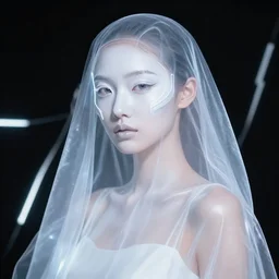 high fashion photography of a model in neo futurism white sci - fi makup, transparent cloth, beautifully lit by neon light