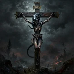 an upside crucifixion of an xenomorph, dark painting, cursed eerie photo
