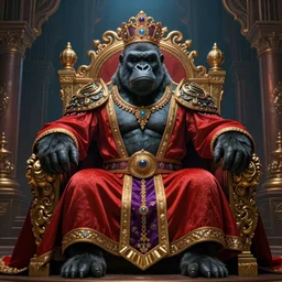 A full shot portrait painting of a gorilla king in his royal robe sitting on a throne inside a palace. Unreal Engine 5. DAZ. Octane render. Symmetrical. Attention to detail. Vibrant bright colours. High saturation. Extremely moody lighting. Atmospheric. Cinematic. Intricate. 8K. Stunning. Breathtaking. Awe-inspiring. Award-winning. Concept art. Trending. ArtStation